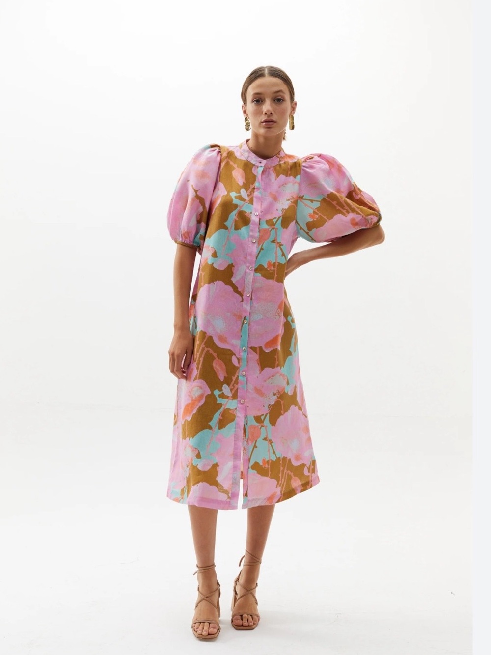 Lanhtropy Bubble Linen Button-Front Midi Dress in Pink Multi Abstract Print